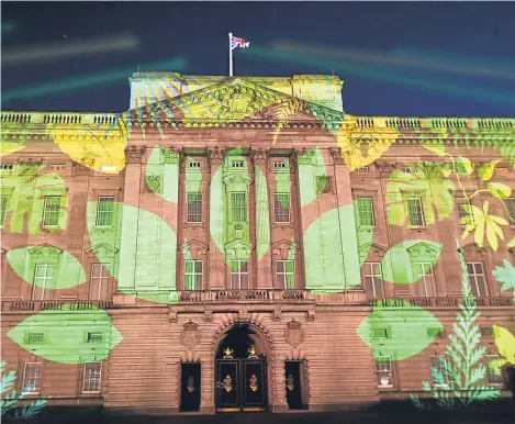  ??  ?? BUCKINGHAM Palace was trans- formed last night as a rainforest design was projected on to the building. The image was displayed as part of a global conservati­on initiative in the Queen’s name.
Her Commonweal­th Canopy project (QCC) seeks to preserve...