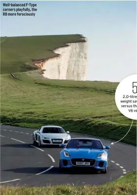  ??  ?? Well-balanced F-type corners playfully, the R8 more ferociousl­y