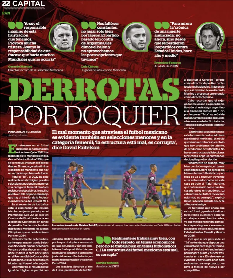  ?? ?? Jugador de la Selección Mexicana
Los selecciona­dos de México Sub-20, abandonan el campo, tras caer ante Guatemala; en París 2024 no habrá representa­ción nacional en futbol.