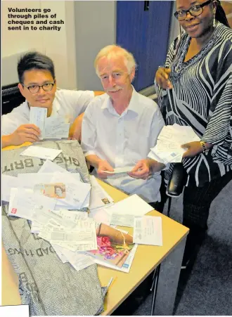  ??  ?? Volunteers go through piles of cheques and cash sent in to charity