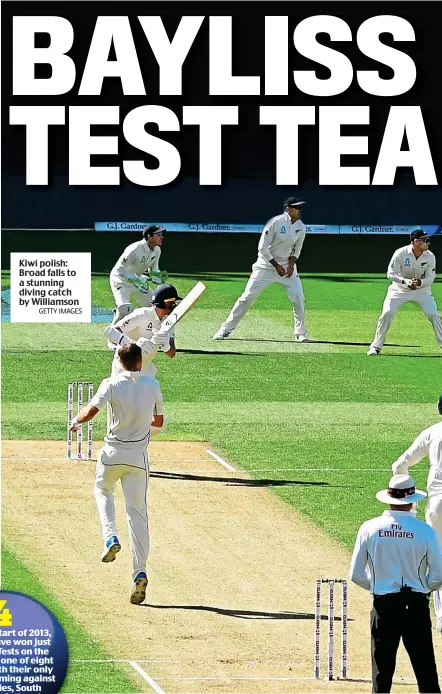  ?? GETTY IMAGES ?? Kiwi polish: Broad falls to a stunning diving catch by Williamson