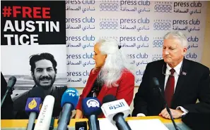 ?? Associated Press ?? ■ Marc and Debra Tice, the parents of Austin Tice, who has been missing in Syria for nearly six years, speak during a press conference Tuesday at the Press Club in Beirut, Lebanon.