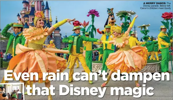  ??  ?? A MERRY DANCE: The Disney parade. Below left: Caron’s children meet Goofy