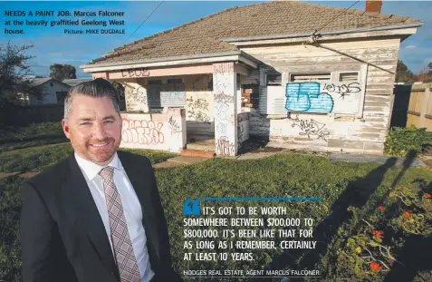  ?? Picture: MIKE DUGDALE ?? NEEDS A PAINT JOB: Marcus Falconer at the heavily graffitied Geelong West house.