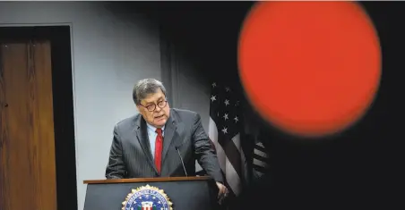  ?? Anna Moneymaker / New York Times ?? Attorney General William Barr, at FBI headquarte­rs in February, is seeking to limit legal shields for operators of websites.