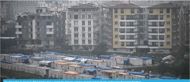  ?? ?? This picture taken on January 12, 2024 in Antakya shows a general view of housing containers erected by Turkey’s Disaster and Emergency Management Presidency.