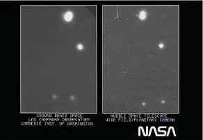  ??  ?? ▲ First light: Hubble’s first image (right), on 20 May 1990, shows a region in Carina with sharper stars than a groundbase­d comparison (left) taken in Chile
