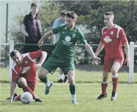  ?? ?? Easington Colliery (green) took on Brandon United at Easington Colliery Welfare Ground on Saturday.