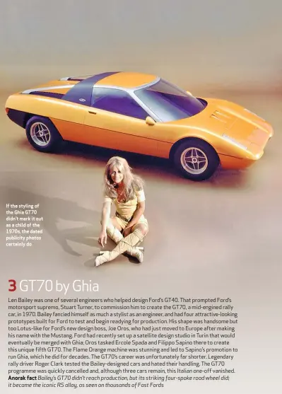  ??  ?? If the styling of the Ghia GT70 didn’t mark it out as a child of the 1970s, the dated publicity photos certainly do