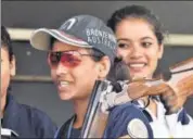  ?? HT PHOTO ?? Manisha Keer (centre) after winning mixed trap gold.