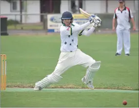  ??  ?? DRIVING: West Wimmera’s Nathan Alexander plays a stylish cover drive against Horsham Saints in B Grade action at Davis Park, Nhill, on Saturday. Picture: PAUL CARRACHER