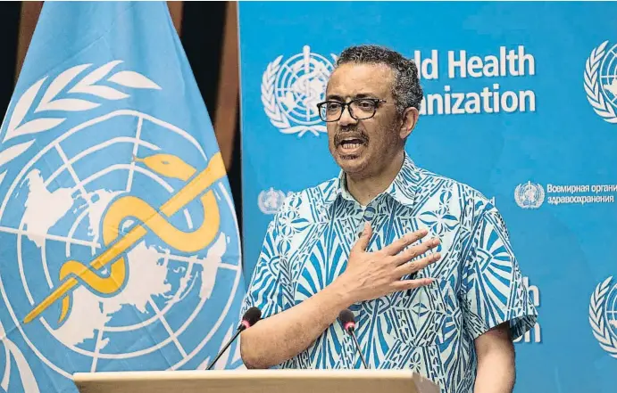  ?? WHO / REUTERS ?? Tedros Adhanom Ghebreyesu­s, director general de la OMS, el 19 de mayo durante la Asamblea Mundial de la Salud, que se celebró de manera virtual