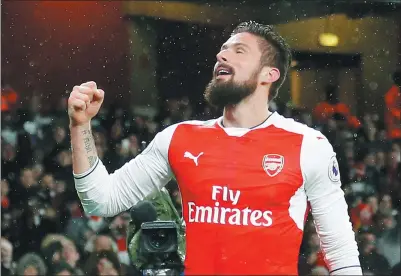  ?? FRANK AUGSTEIN / AP ?? Arsenal’s Olivier Giroud gestures after scoring against Crystal Palace at Emirates Stadium in London on Sunday.