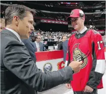  ?? BRUCE BENNETT/GETTY IMAGES. ?? Forward Drake Batherson, right, was the Senators’ fourth-round pick, 121st overall, in the 2017 NHL draft.