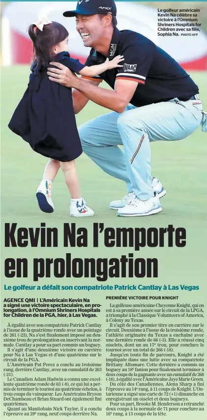  ?? PHOTO AFP ?? Le golfeur américain Kevin Na célèbre sa victoire à l’omnium Shriners Hospitals for Children avec sa fille, Sophia Na.