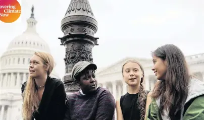  ?? PHOTO: REUTERS ?? Point to make . . . Swedish youth climate activist Greta Thunberg (second from right) sits with other youth climate activists at a news conference hosted by US Senator Ed Markey on the Northeast lawn in front of the US Capitol in Washington yesterday.