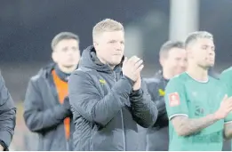  ?? AP ?? Newcastle’s head coach Eddie Howe applauds fans at the end of the English FA Cup fourth-round match between Fulham and Newcastle United at Craven Cottage stadium in London, Saturday, January 27, 2024.