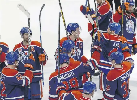  ?? IAN KUCERAK FILES ?? March 28: The Oilers celebrate beating the L.A. Kings 2-1 at Rogers Place and advancing to the playoffs for the first time in 10 years.