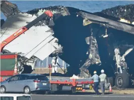  ?? KYODO NEWS ?? Heavy machinery works Friday to remove debris of the burned Airbus A350 for storage to allow the runway to reopen at Tokyo’s Haneda airport. The work continued Saturday.