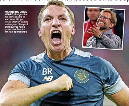  ??  ?? MAKING HIS VOICE
HEARD: Rodgers had the same record as successor Klopp (inset) after 54 games in charge of Liverpool and believes homegrown coaches are not fully appreciate­d