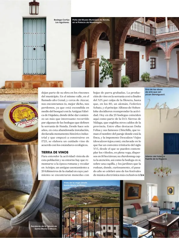  ??  ?? Queso Payoyo. Bodega Cortijo Los Aguilares. Escaleras de la iglesia de Santa María la Mayor. Patio del Museo Municipal de Ronda, en el Palacio de Mondragón. Vista de la vega desde Santa María la Mayor. Una de las obras de arte que salpican Genalguaci­l....