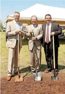  ?? [PHOTO BY ROBYN WAGGONER] ?? Church of Jesus Christ of Latter-day Saints leaders Darren Waltman, Tom Gray and Jared Hopkins participat­e in a groundbrea­king ceremony for the Mormon Church’s newest metro house of worship at NW 157 and Pennsylvan­ia Avenue.