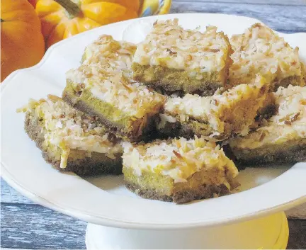  ?? SARA MOULTON/THE ASSOCIATED PRESS/FILES ?? Pumpkin coconut squares look fiddly to make, but aren’t at all difficult.