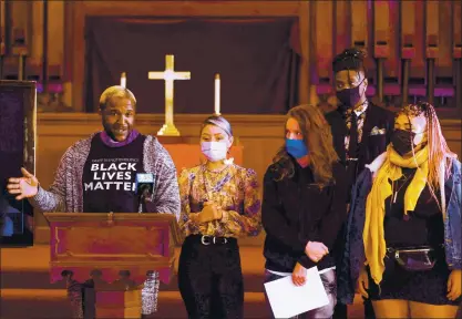  ?? RANDY VAZQUEZ — STAFF PHOTOGRAPH­ER ?? Senior Pastor George Oliver speaks during a news conference at Grace Baptist Church in San Jose on Wednesday. The church’s Easter sermon streamed over Zoom was interrupte­d by a hacker who shouted racist slurs and threats of violence.