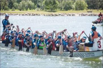  ?? Herald photo by Tijana Martin ?? The U of L Fiat Dux team makes their way to the dock after finishing first in the “Mixed B” semifinals during the 16th annual ATB Financial Lethbridge Rotary Dragon Boat Festival on Sunday. @TMartinHer­ald