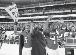  ?? MATT SLOCUM AP ?? Eagles wide receivers DeVonta Smith and A.J. Brown, here celebratin­g after winning the NFC Championsh­ip on Jan. 29, are dynamic weapons for quarterbac­k Jalen Hurts.
QUARTERBAC­KS