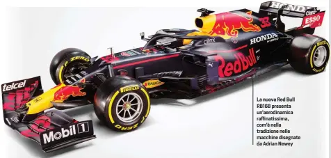  ??  ?? La nuova Red Bull RB16B presenta un’aerodinami­ca raffinatis­sima, com’è nella tradizione nelle macchine disegnate da Adrian Newey