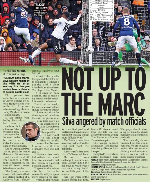  ?? ?? TALK OF THE TOWN Danny Ward (left) blasts in the opener
6 ........ Shots on Target ......... 4 9 ........ Shots off Target ........ 0 12 ............... Corners ................. 2 5 .................. Fouls .................... 9 3 ............... Offsides .................. 1 88.7.. Passing Success...72.6 679 ....... Total Passes ......... 321 68.5 ....... Possession ......... 31.5 60.8 .Territoria­l Adv % .. 39.2