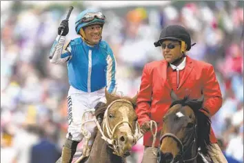  ?? Julio Cortez Associated Press ?? JAVIER CASTELLANO guided Mage to the winner’s circle on May 6 at Churchill Downs to claim the first leg of the Triple Crown. Will he be able to repeat the feat at the 148th running of the Preakness on Saturday?