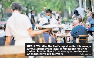  ?? Getty Images ?? RESULTS: After The Post’s report earlier this week, a City Council member is out to relax a rule requiring cash up front for liquor from struggling restaurant­s whose accounts are in arrears.