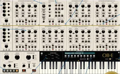  ??  ?? ADDITIONAL PARAMETERS Each SEM has a dedicated LFO and additional third oscillator
LEVEL AND PAN Set these for each individual SEM
SEMs
Edit the core oscillator settings for each of the eight synth expander modules
GLOBAL EDIT Choose from Group or Offset modes to assist with editing multiple SEMs
VELOCITY AND AFTERTOUCH Easily add velocity dynamics and aftertouch to multiple parameters
PLAYBACK MODE
Choose whether each new note starts on the same SEM or moves to the next SEM
PRESETS
Load the default preset or open the browser to access 600 factory presets
REAR VIEW
Use the small icon to reveal additional parameters for each SEM
SEQUENCER Activate the sequencer with its main on/off switch
ZOOM
Use this button for a focused view of the front and rear of a single selected SEM
MIDI SEQUENCER Click this icon to open the sequencer view