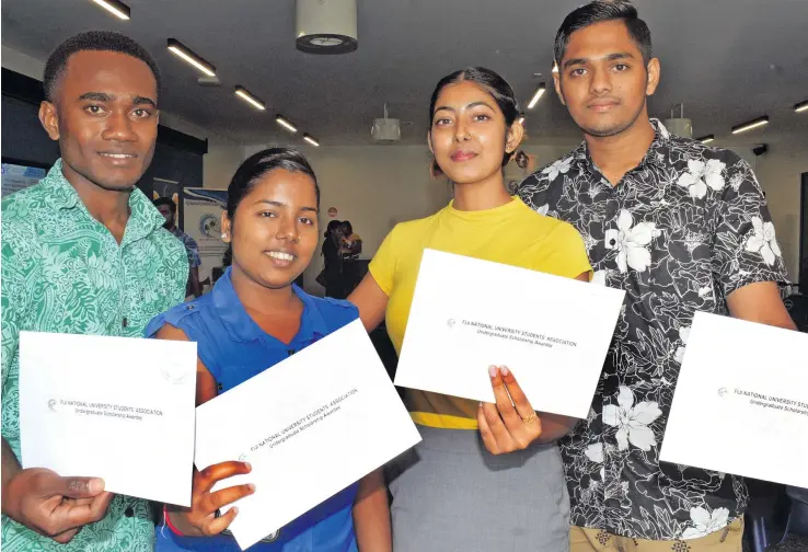  ?? Photo: Ronald Kumar ?? Fiji National University Students Associatio­n scholarshi­p recipients (from left) Timoci Raikasala, Vashinta Chand, Monika Maharaj and Shrinay Chandra at Nasinu Campus on April 1, 2021.