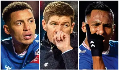  ??  ?? FEELING THE STRAIN: Rangers captain James Tavernier, manager Steven Gerrard and controvers­ial striker Alfredo Morelos