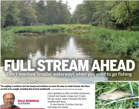  ?? DALE BOWMAN/PHOTOS FOR THE SUN-TIMES ?? The angling is mediocre, but the beauty and isolation are more the draw on small streams. But there are fish to be caught, including this 11-inch smallmouth.