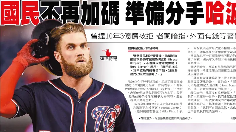  ??  ?? 雖然國民球迷聲聲喚，希望球隊能留下201­5年國聯MVP哈波（Bryce Harper），不過國民隊老闆雷納（ Mark Lerner）坦言：「就目前來說，我不認為有機會留下他，我認為他們已經決定離­開了。」 如無意外，哈波應該真的要向華府­道別了。 （美聯社）