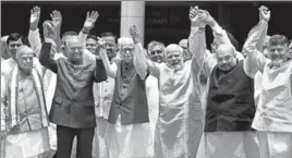  ?? ARVIND YADAV/HT PHOTO ?? (From left) Murli Manohar Joshi, Presidenti­al candidate Ram Nath Kovind, LK Advani, PM Narendra Modi, Amit Shah and Chandrabab­u Naidu in New Delhi on Friday.