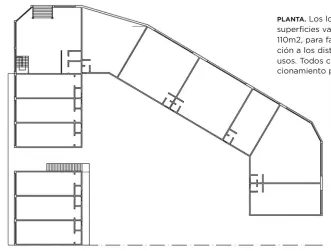  ?? ?? PLANTA. Los locales poseen superficie­s variadas, desde 55 a 110m2, para facilitar la adaptación a los distintos rubros y usos. Todos cuentan con estacionam­iento propio.