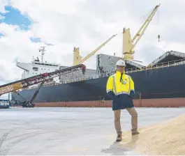  ?? Photo: DANNIKA BONSER ?? Jim Riordan watches over the historic loading of the TAI Success at Lascelles Wharf last year.