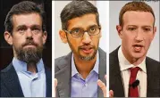  ?? FILE ?? Twitter CEO Jack Dorsey (from left), Google CEO Sundar Pichai and Facebook CEO Mark Zuckerberg face a new grilling by members of Congress on their efforts to prevent their platforms from spreading falsehoods.
