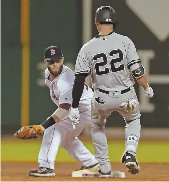  ?? STAFF PHOTO BY JOHN WILCOX ?? BEGINNING OF THE END: Yankees outfielder Jacoby Ellsbury reaches second on a double ahead of the tag by Red Sox second baseman Dustin Pedroia to spark the Yankees’ decisive rally in the 16th inning last night.