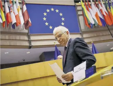  ?? OLIVIER HOSLET / EFE ?? El jefe de la diplomacia europea, Josep Borrell, ayer, durante su intervenci­ón ante la Eurocámara.