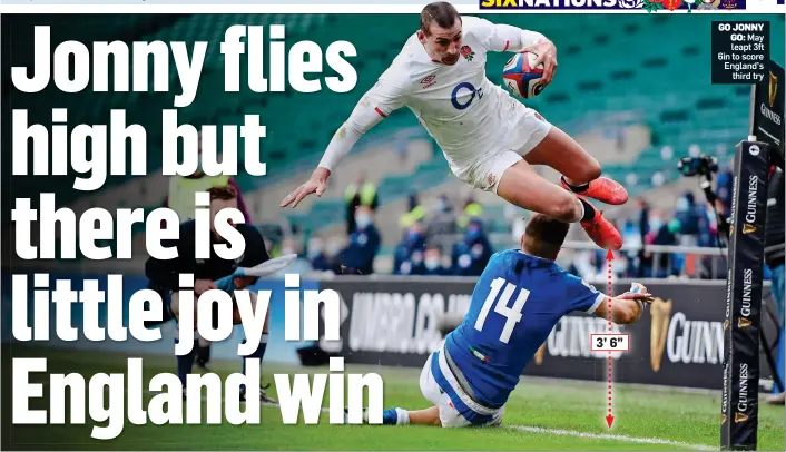  ??  ?? GO JONNY GO: May leapt 3ft 6in to score England’s third try