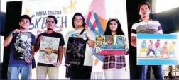  ??  ?? MB SKETCHFEST 2017 WINNERS — The 7th Manila Bulletin (MB) Sketch Fest held at Seaside, Mall of Asia (MOA), Pasay City, on Monday produces this year’s batch of winners with their prized artworks (from left): Shimvern S. Villegas in the MB Choice...