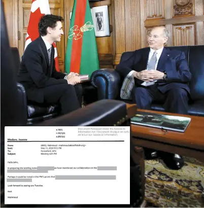  ?? PHOTO D’ARCHIVES ?? Le premier ministre Justin Trudeau (à gauche) rencontre l’Aga Khan dans son bureau du parlement le 17 mai 2016. Il s’agit d’une des rencontres visées par nos demandes d’accès à l’informatio­n.