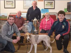  ?? Photo by Christy Riordan ?? Front (fromleft) Joe Harty and Luke HartyBack:Anthony Harty, Tony Harty and Sarah Harty with Miss Kelly, winner of the All-Ireland Puppy Drag Hunt in Cork