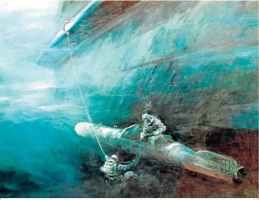  ?? E. S. ?? ‘Los medios de asalto italiano efectuando una operación submarina’, obra del pintor austríaco Rudolf Claudus.